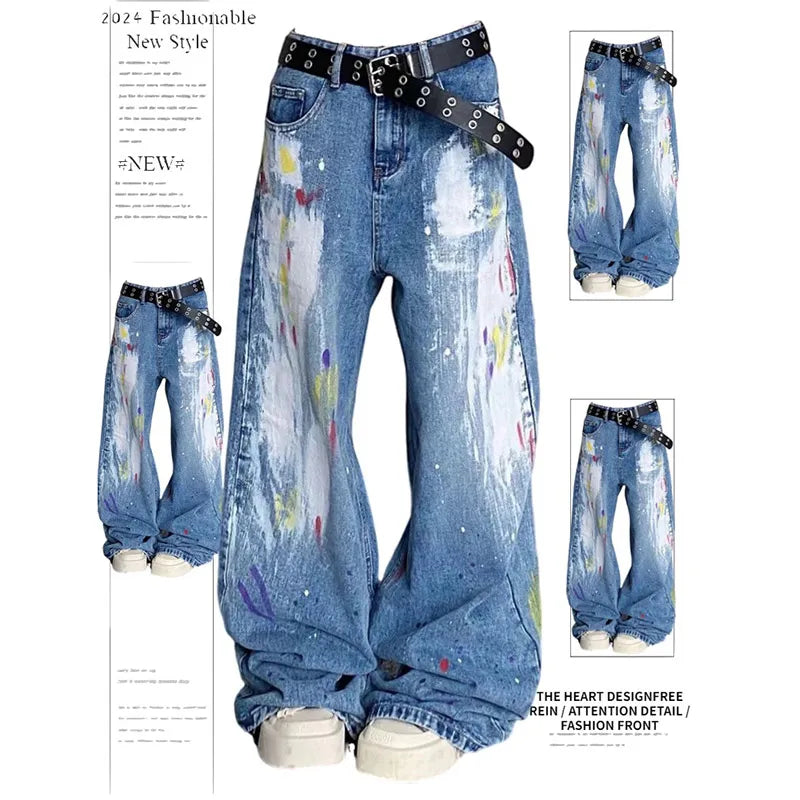 Aiertu Women's Blue Baggy Jeans Vintage Streetwear High Waist Oversize Cowboy Pants Harajuku Aesthetic Wide Denim Trousers Y2k Clothes Aiertu