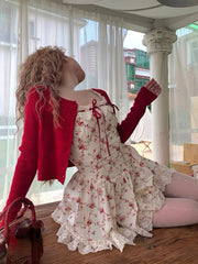 Aiertu 2024 New Sweet Floral Dress Set Woman Casual Red Short Cardigan Elegant Lace Y2k Mini Dress Beach Korean Fashion Clothing Suit Aiertu