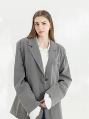 Aiertu Grey Blazer Coat Women Korean Casual Loose Autumn Oversized Single-breasted Turndown Collar Long Sleeve Suit Jacket Female Aiertu