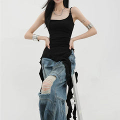 Aiertu Sexy Tank Top Asymmetrical Black Y2k Women Ruffle Grunge Backless Coquette Fashion Streetwear Tops Solid Aesthetics Aiertu