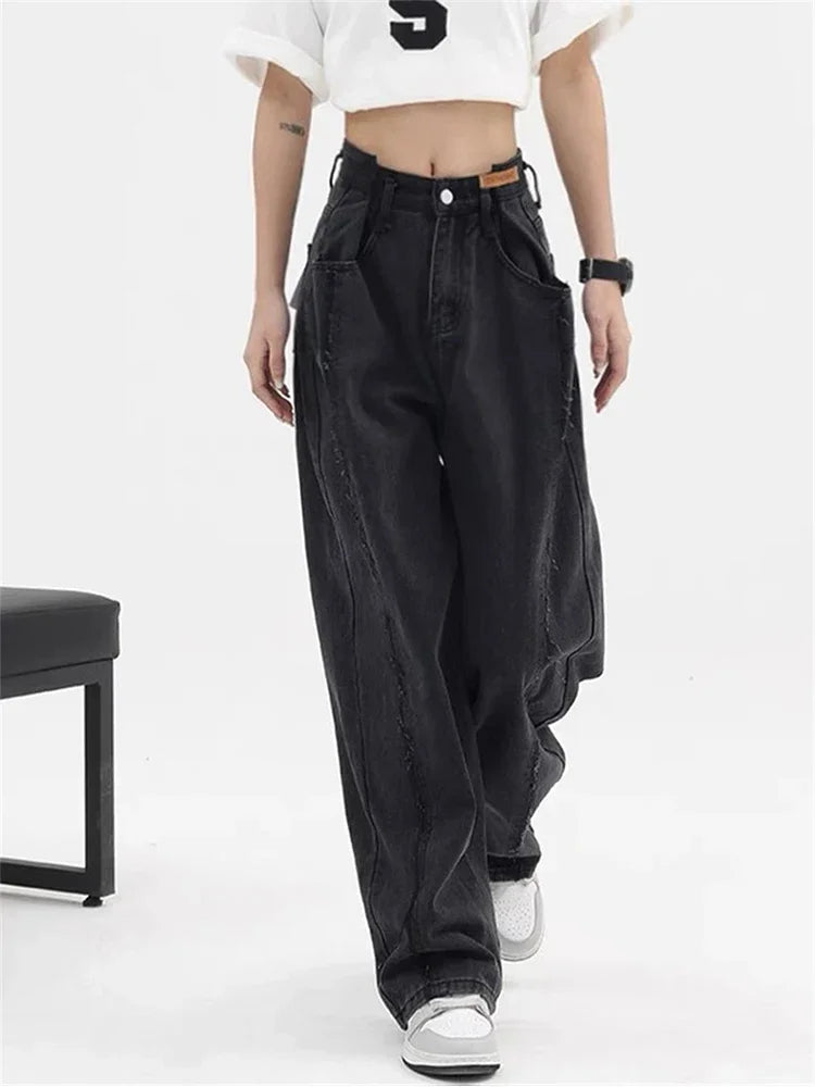 Aiertu 2024 Women Baggy Long Jeans Harajuku Black Wide Leg Trousers Streetwear Vintage High Waist Denim Pants Big Pocket Y2k Feamle Aiertu