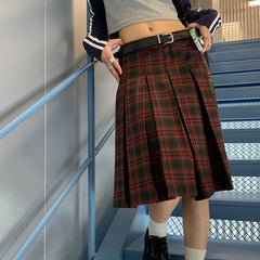 Aiertu Women Pleated Plaid Skirt Vintage Preppy Style Mid Length Skirt Harajuku Korean Fashion Retro Japanese Classic Basic Aiertu
