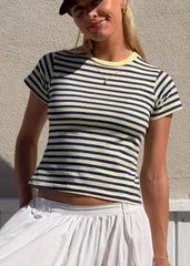 AIERTU - Women Striped Short Sleeve Crew Neck T Shirt Basic Tops Summer Casual Tee Loose Fit T-Shirts Aiertu