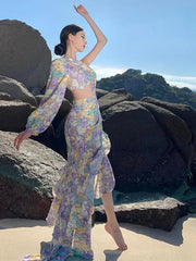 Aiertu Women Purple Print Sexy Club Slanted One Shoulder Slim Floral Ruffles Long Dress Summer Elegant Long Sleeve Party Evening Dress Aiertu