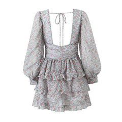 Aiertu Spring 2024 Women Sexy Backless Floral Print Dress Puff Sleeve V Neck Layered Ruffle Cake Mini Dresses Holiday Party Robe Aiertu