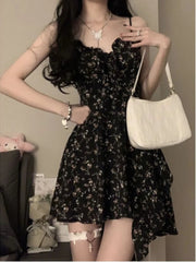 Aiertu Coquette Floral Flower Print Black Slip Mini Dress Women 2024 Vintage Elegant Beach Casual Party Short Dresses Summer Aiertu
