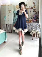 AIERTU - Vintage Dress Women Clothes 2000s Japanese Elegant Lace Chiffon Short Sleeves Dress Harajuku Sexy Girl Flowy Design Mini Dresses Aiertu