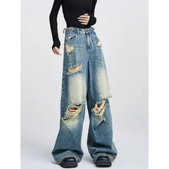 Aiertu Blue ripped jeans for women, summer American high street retro floor-length pants, loose high-waisted straight wide-leg pants Aiertu