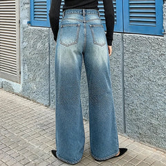 AIERTU - Y2K Rhinestone Jeans High-Waisted Ombre Gradient Wide Leg Denim Pants with Sashes All-Over Sparkle Detail Trouser 90s Streetwear Aiertu