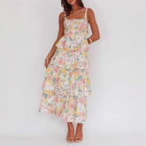 AIERTU - Cake Dress Floral Printed Sleeveless Straps U Neck Tank A Line Slim Waist Strap Tierred Holiday Beach Summer Long Dress Women Aiertu