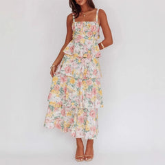 AIERTU - Cake Dress Floral Printed Sleeveless Straps U Neck Tank A Line Slim Waist Strap Tierred Holiday Beach Summer Long Dress Women Aiertu