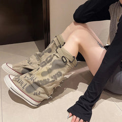 Aiertu Back to school 2024 Graffiti High Top Canvas Shoes Women's Spring Boots Wide Barrel Mid Barrel Boots New Trouser Barrel Stacking Boots Aiertu