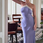 AIERTU - Elegant Square Shoulders Backless Splicing Satin Dress Women Slim Fit Neck Hanging Midi Aiertu