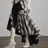 AIERTU - Diagonal Hem Black and White Polka Dot Stitching Irregular Ruffle Edge Skirt Long Skirt Aiertu