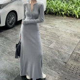 AIERTU - Knit Dresses for Women Autumn Winter Korean Fashion Elegant Vestidos Para Mujer Solid Minimalist Vintage Bdycon Long Dress Aiertu