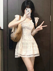 Y2k Coquette White Lolita Sweet White Kwaii Cute Mini Dress Women Lace Bow Princess Slip Lace Short Dresses 2024 Fashion Aiertu