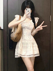 Aiertu Y2k Coquette White Lolita Sweet White Kwaii Cute Mini Dress Women Lace Bow Princess Slip Lace Short Dresses 2024 Fashion Aiertu