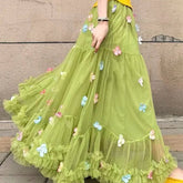 AIERTU - Green Mesh Skirts Women Flowers Spring Summer Sweet A-line Long Skirt Korean Fashion Vintage Elegant Chic Faldas Mujer Aiertu