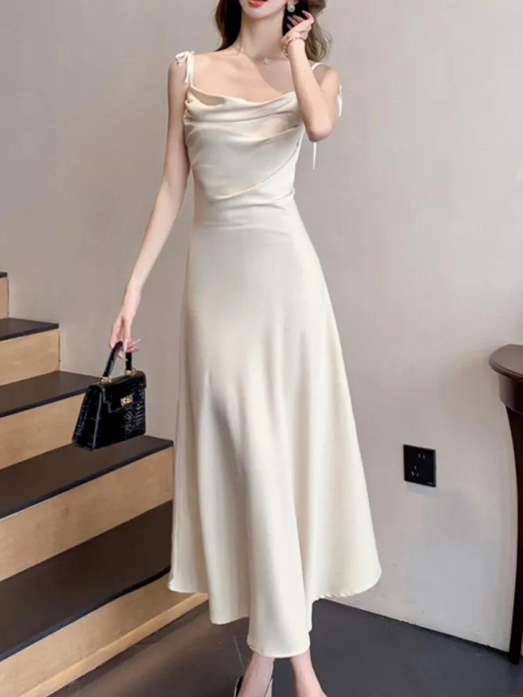 Aiertu Sleeveless Solid Chic Women Summer Dress Spaghetti Strap Satin Bodycon Elegant Midi Party Vestidos Female Long Clothes New Robe Aiertu