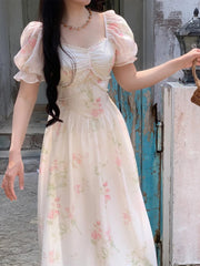 Aiertu Summer French Design Elegant Sundress Women Short Sleeves Floral Midi Dress Beach Style Casual Fashion Party Dress Korean Aiertu