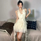 French Ruffles Folds Solid Women Dress Fashion High Waist A Line Ladies Mini Dress Summer Sexy Off Shoulder Female Vestidos Aiertu