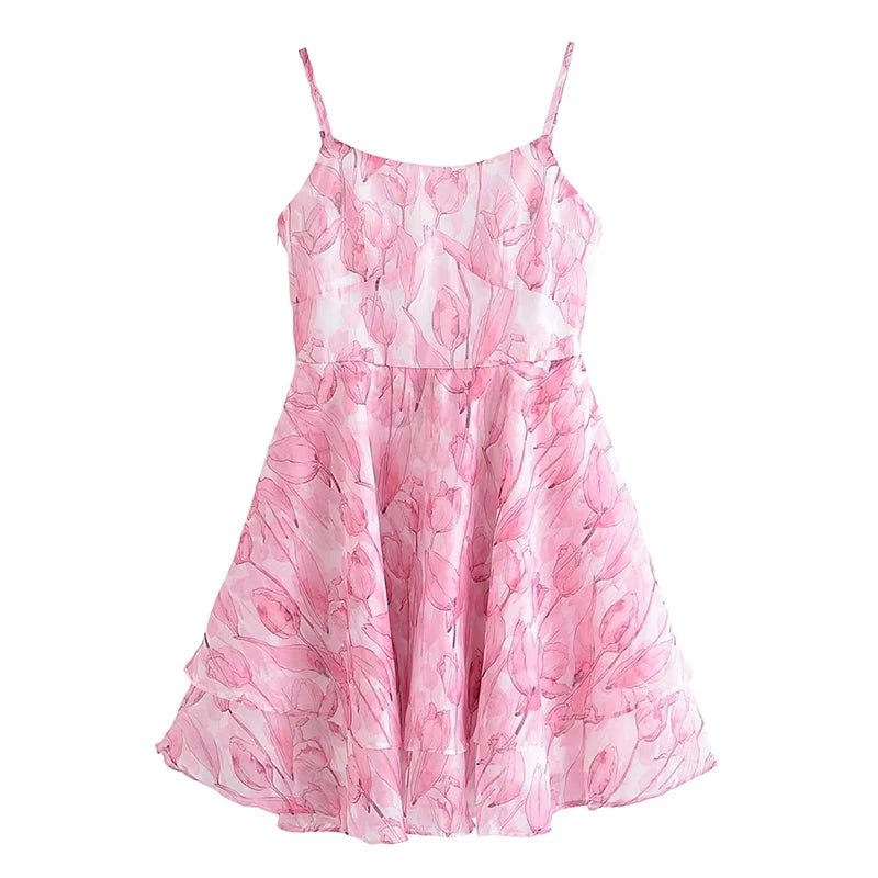 Aiertu Sweet Women Pink Floral Print Sexy Sling Mini Dress Sleeveless Female A-line Mini Summer Dresses Holiday Robe Aiertu