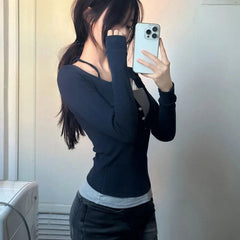 Aiertu Y2K Fake Two Piece T-Shirt Women Fashion Patchwork Aesthetic Crop Tops Female Spring Summer Slim Fit Long Sleeve Tees Aiertu