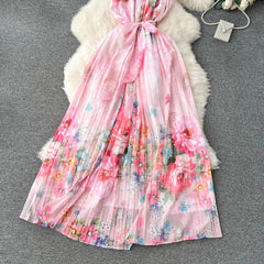 Aiertu Chic Fashion Women Summer Floral Print Ruffles Skew Collar Off Shoulder Dresses Slim Elegant Pleated Vestidos Mujer Aiertu