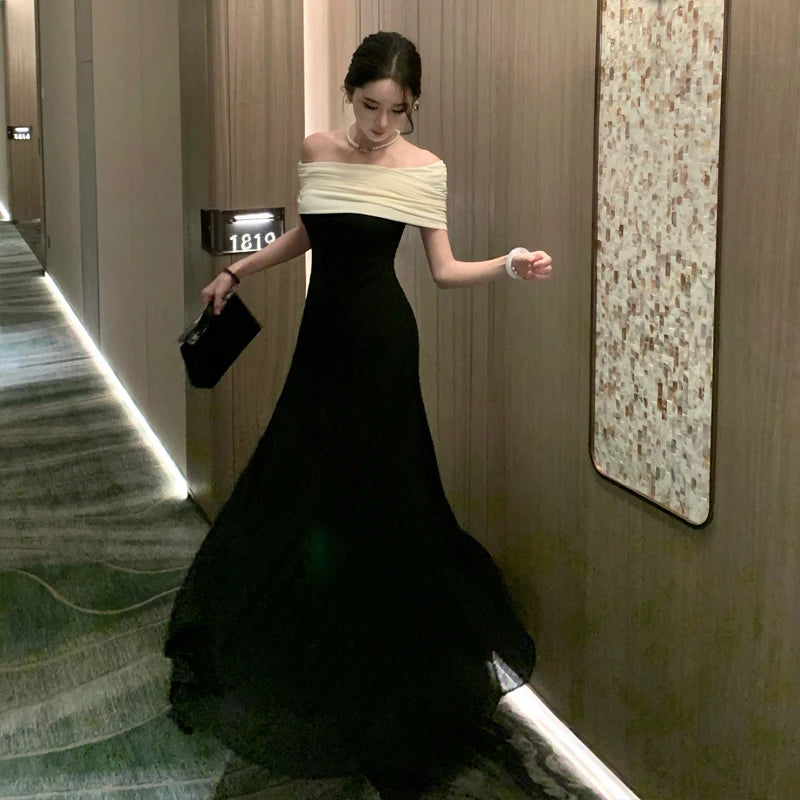 AIERTU - French High End Elegant Long Evening Dress Women's Sleeveless Backless Off Shoulder Slim Dress Fashion Chic Party Banquet Robe Aiertu