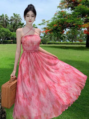 Aiertu French Pink Print Elegant Vacation Long Dresses 2024 Summer New Birthday Evening Party Women Clothes Fashion Sundress Ladies New Aiertu