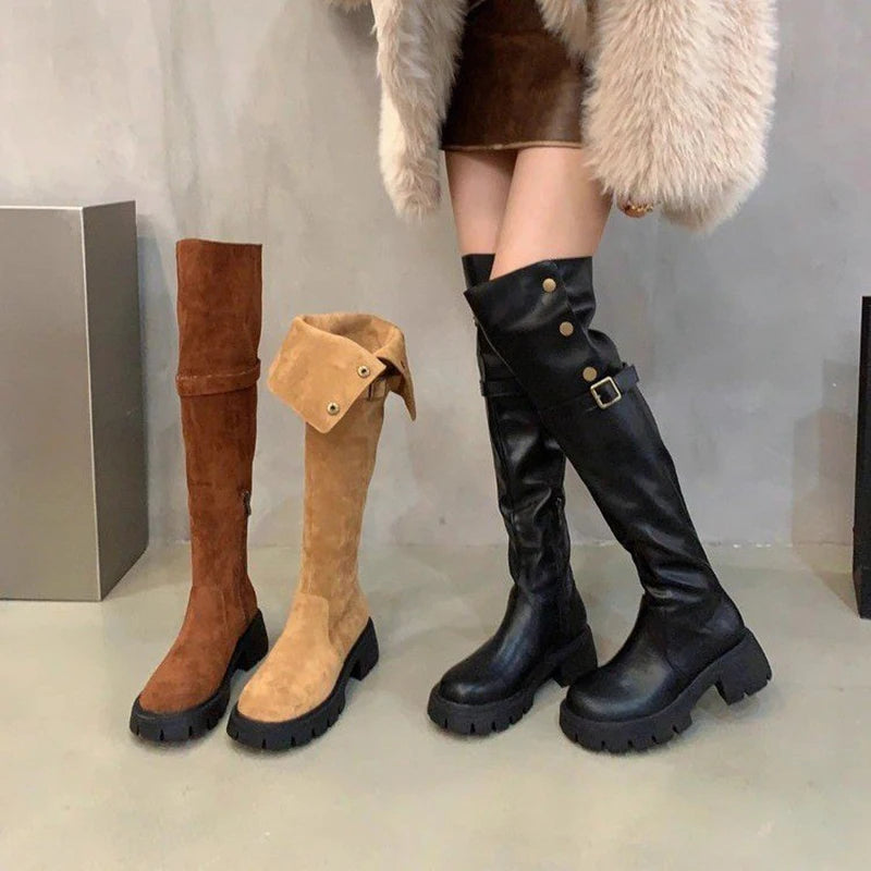Autumn Winter Platform Women Over The Knee High Boots Fashion Slip On Thick Heels Shoes Ladies Knight Long Botas De Mujer Aiertu