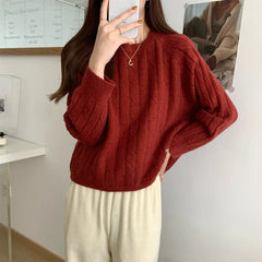 AIERTU - Autumn Winter New Arrival Red Crew Neck Pullover Sweater Knit Base Layer Fashion Casual Loose Versatile Women Top Aiertu