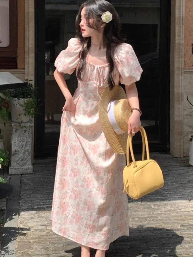 Aiertu Summer Floral Printed Midi Dress Women Off Shoulder Puff Sleeve Fairy A-line Elegant Dresses Casual Korean Fashion Aiertu