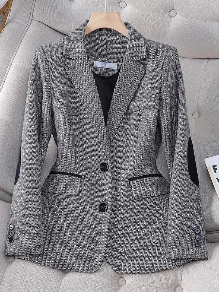 Aiertu 2024 Autumn Retro Gray Splice Plaid Sequins Blazers Coat For Women Brown Elegant Business Vintage Ladies Suit Jacket Fashion Y2k Aiertu