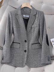 Aiertu 2024 Autumn Retro Gray Splice Plaid Sequins Blazers Coat For Women Brown Elegant Business Vintage Ladies Suit Jacket Fashion Y2k Aiertu