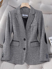 Aiertu 2024 Autumn Retro Gray Splice Plaid Sequins Blazers Coat For Women Brown Elegant Business Vintage Ladies Suit Jacket Fashion Y2k Aiertu