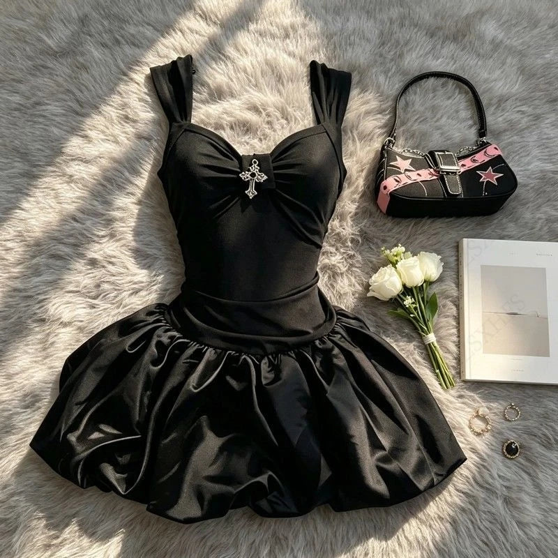 AIERTU - Sweet Elegant Dresses Punk Aesthetic 90s Summer Sexy Girl Gothic Dress Kawaii Slim sling Short Dress Gothic Halter Mini Dress Aiertu
