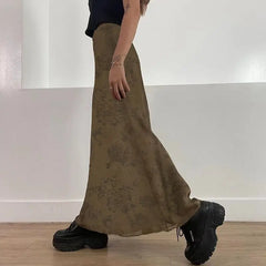 Aiertu Vintage Long Skirt Women Floral Print Low Rise Ladies Midi Skirts Y2K High Street Retro Aesthetic Casual Mesh Skirts Aiertu