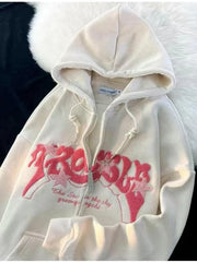 Aiertu Vintage Y2K Zip Up Hoodies Women Harajuku Letter Sweatshirts Hippie Gothic Streetwear Loose Casual Patchwork Top Coats Aiertu