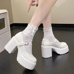Aiertu Chunky Platform High Heels Pumps Women Autumn Pu Leather Ankle Buckle Mary Jane Shoes Woman Thick Heeled White Lolita Shoes aiertu