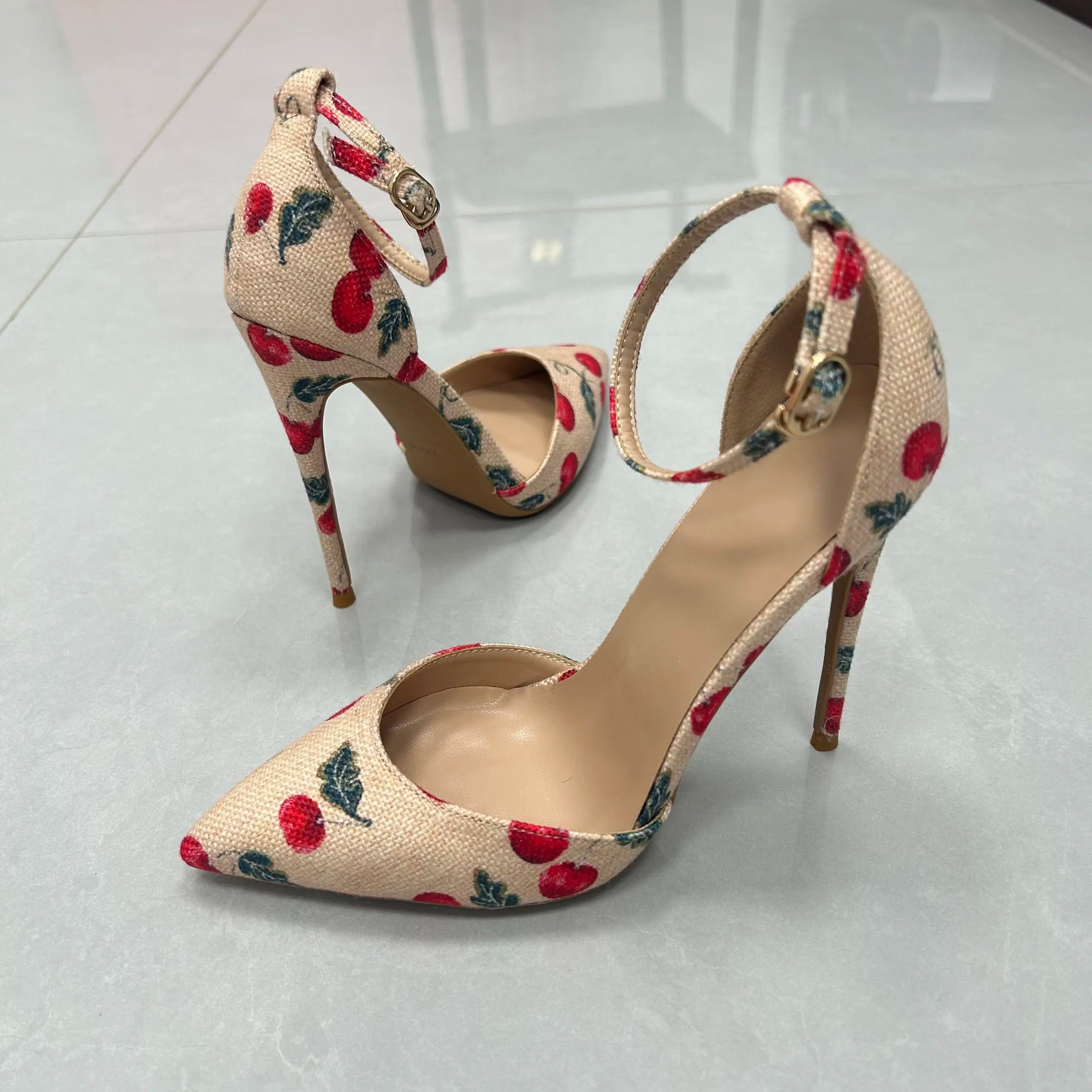 AIERTU - One Word Buckle with Cherry Print Pointed Stiletto High Heels for Women's Shallow Mouth Fashion Versatile Dating Commuter Shoes Aiertu