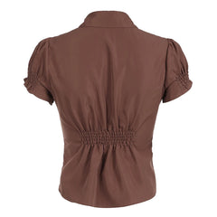 Fairycore Pleated Hem Shirt Brown Slim-fitting Turn-down Collar Blouses Button-up Short Sleeve Tops Streetwear Chic Y2K Aiertu