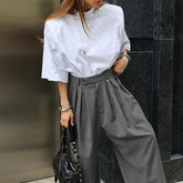 AIERTU - French Stylish Commuter Gray Pleated Harem Pants for Women Summer Fashion High Waist Chic Baggy Trousers with Pockets Aiertu