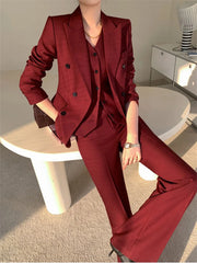 Aiertu Burgundy Suit Set Women Spring Office Ladies Lapel Single Breasted Vest Wide Leg Pants Blazer Three Piece Set Aiertu