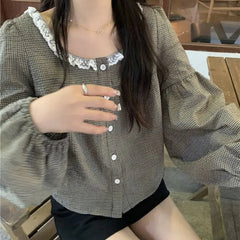 Aiertu Chic Spring Design Retro Checkered Square Collar Long Sleeve Shirt Lazy Style Sweet Aging Chic Top Women's Shirts Aiertu