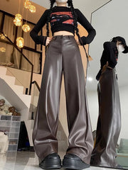 Aiertu PU Leather Straight Pant Black Women Autumn Wide Leg Leather Baggy Pants High Waist Casual Streetwear Loose Trousers Aiertu