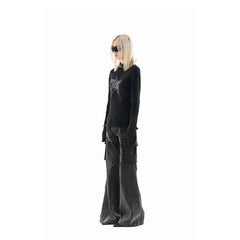 Aiertu Vintage Black Women Jeans American High Waist Fashion Mop Pants Streetwear Y2K Wide Leg Jean Female Trouser 2024 Denim Pants Aiertu