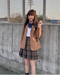 2024 Women Long Sleeve Loose JK Brown Suit Jacket Uniform Blazer Three Buttons Spring Autumn Girls College Preppy Style Coat Aiertu