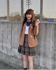 Aiertu BACK TO SCHOOL OUTFIT Women Long Sleeve Loose JK Brown Suit Jacket Uniform Blazer Three Buttons Spring Autumn Girls College Preppy Style Coat Aiertu