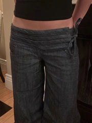 AIERTU - Gothic Y2K Style Pleated Design Black Baggy Women's Low Rise Jeans Pants Woman Clothing Wide Leg Drawstring Long Trousers Aiertu
